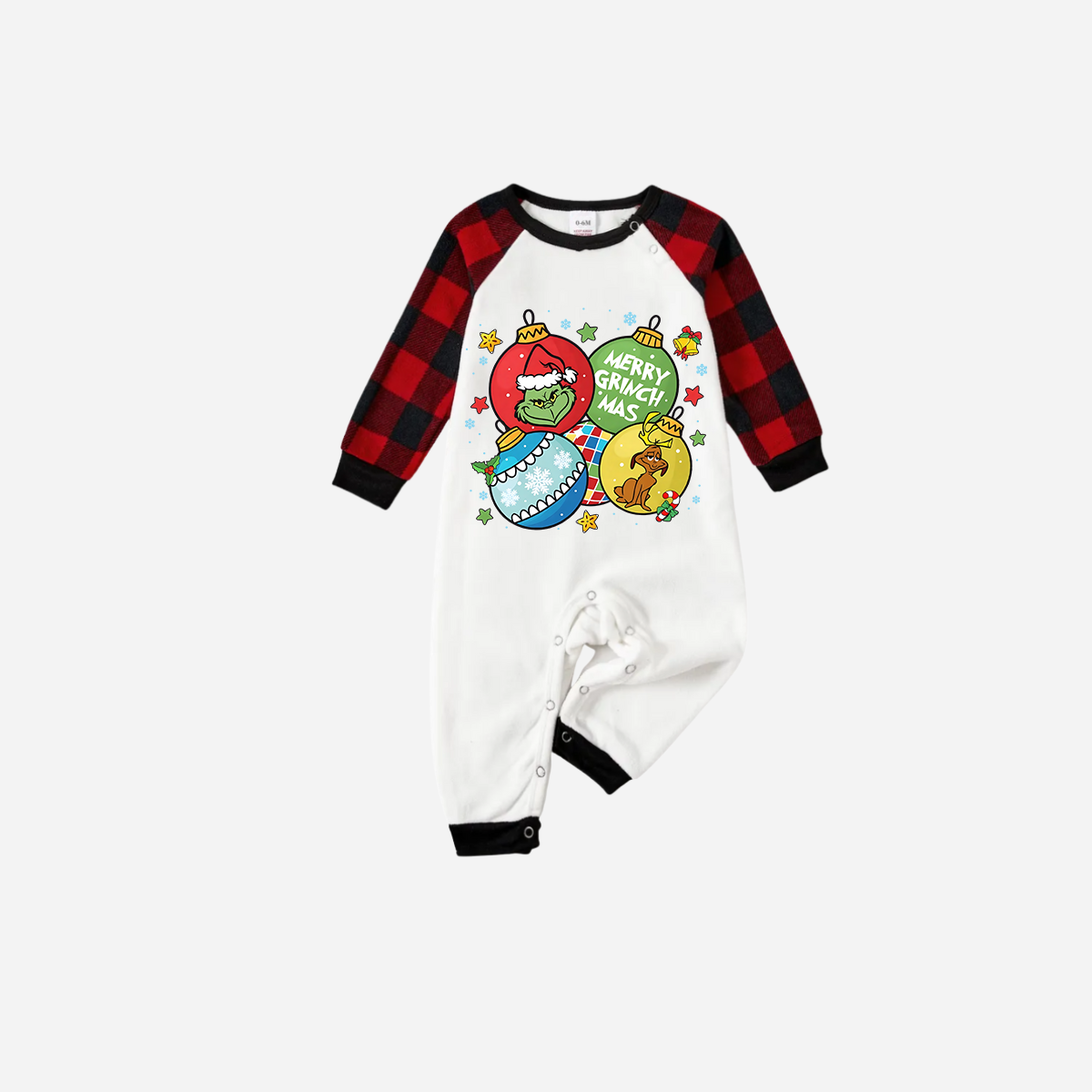 Red and Black Plaid Christmas Pajamas Set With Ball Ornaments and Grinch Print