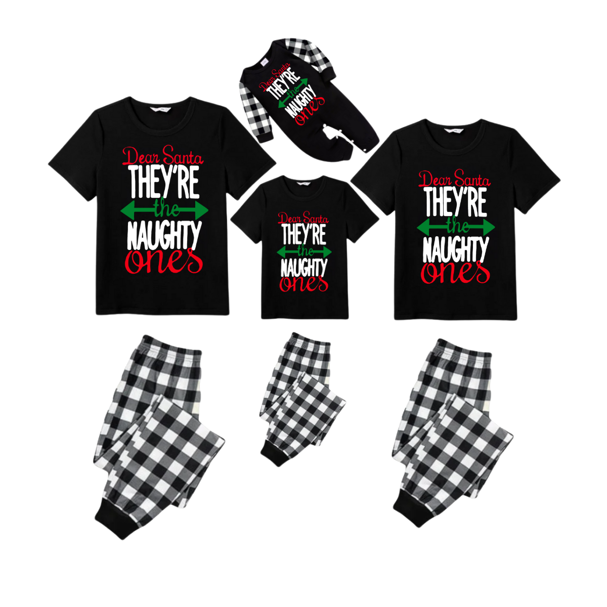 Dear Santa They're the Naughty Ones Family Christmas Pajamas Set - Black Top Black and White Plaid Pants White Text Graphic