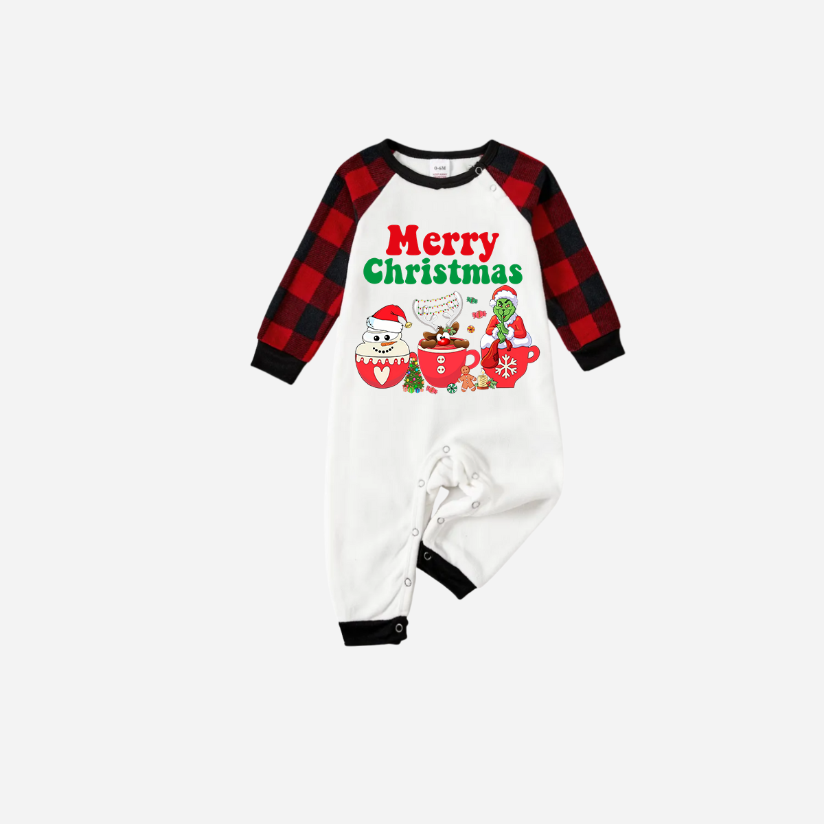 Red and Black Plaid Christmas Pajamas Set With "Merry Christmas" and Cartoon Pattern Print
