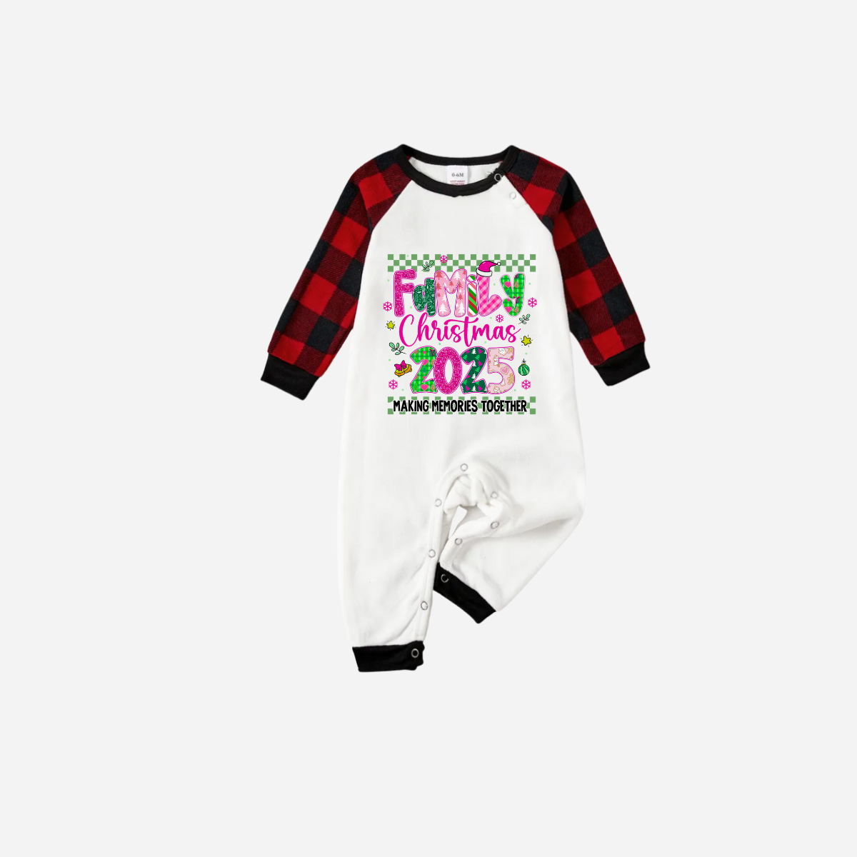 "Family Christmas 2025" Faux Glitter Black and Red Raglan Sleeves Christmas Pajamas Set