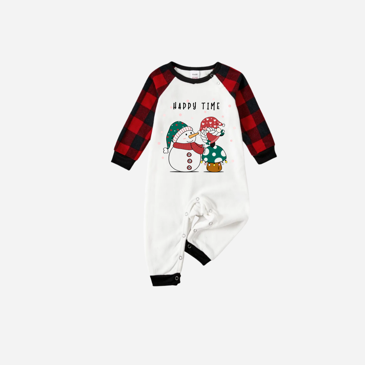 Red and Black Plaid Christmas Pajamas Set With Snowman and Gnome and "Happy Time" Text Print