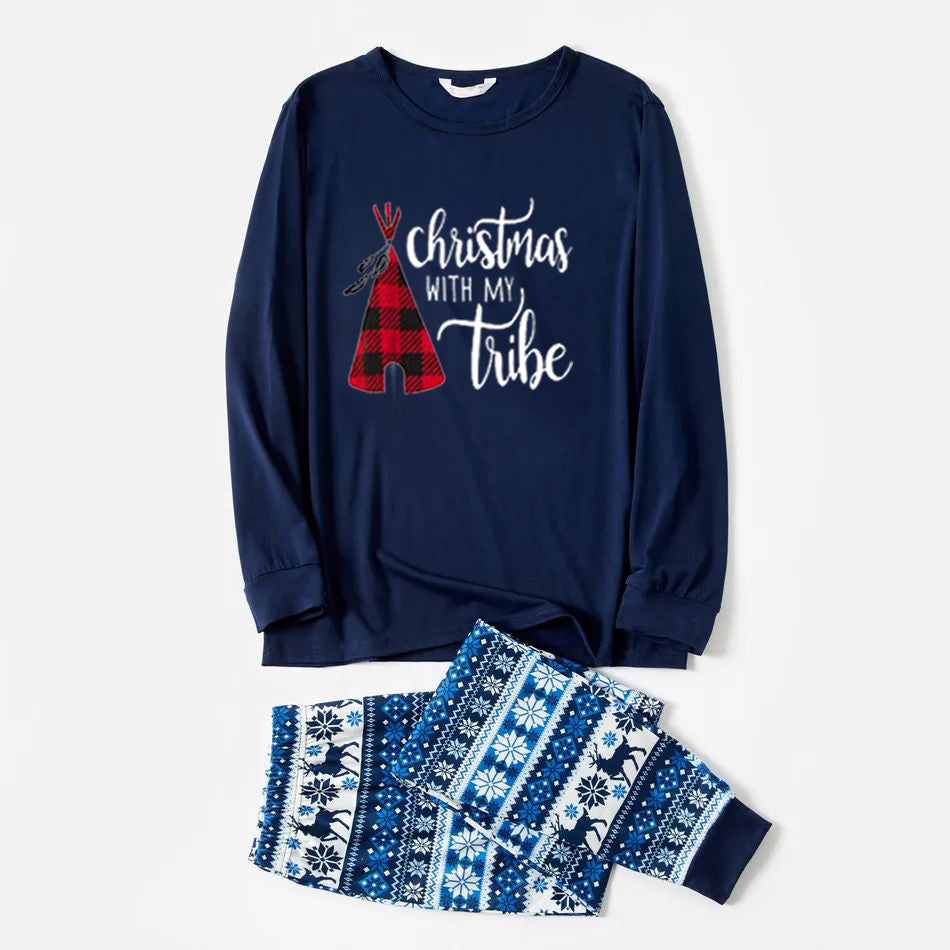 2025 Christmas Family Matching Sleepwear Pajamas Christmas Tent Print Blue Pajamas Set