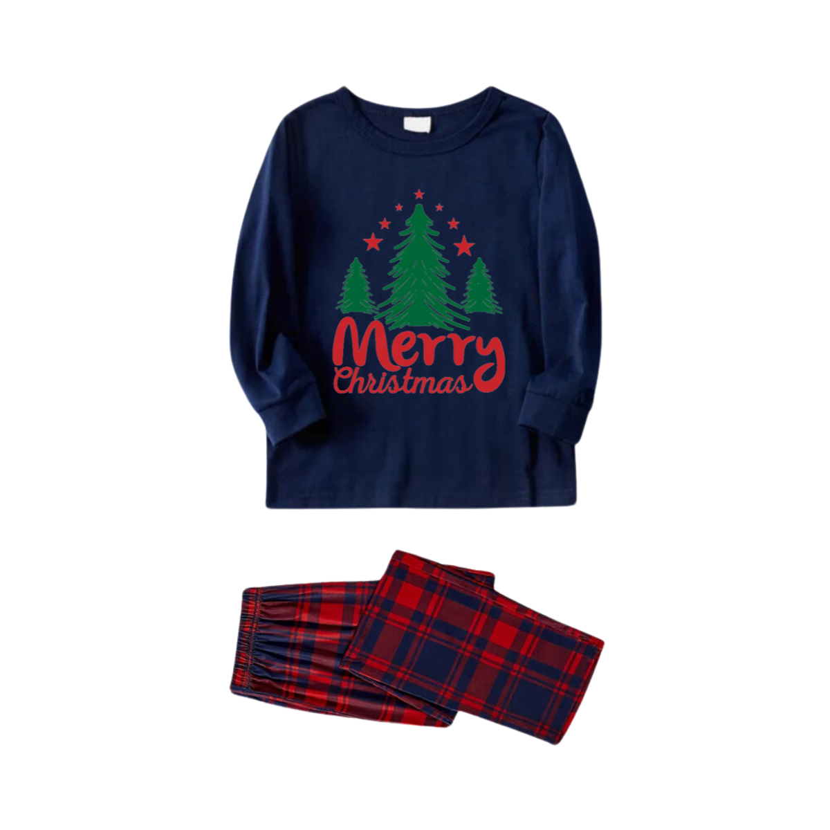Green Christmas Tree "Merry Christmas" Letter Print Blue Long Sleeve Top with Red & Blue Plaid Couple Matching Pajamas