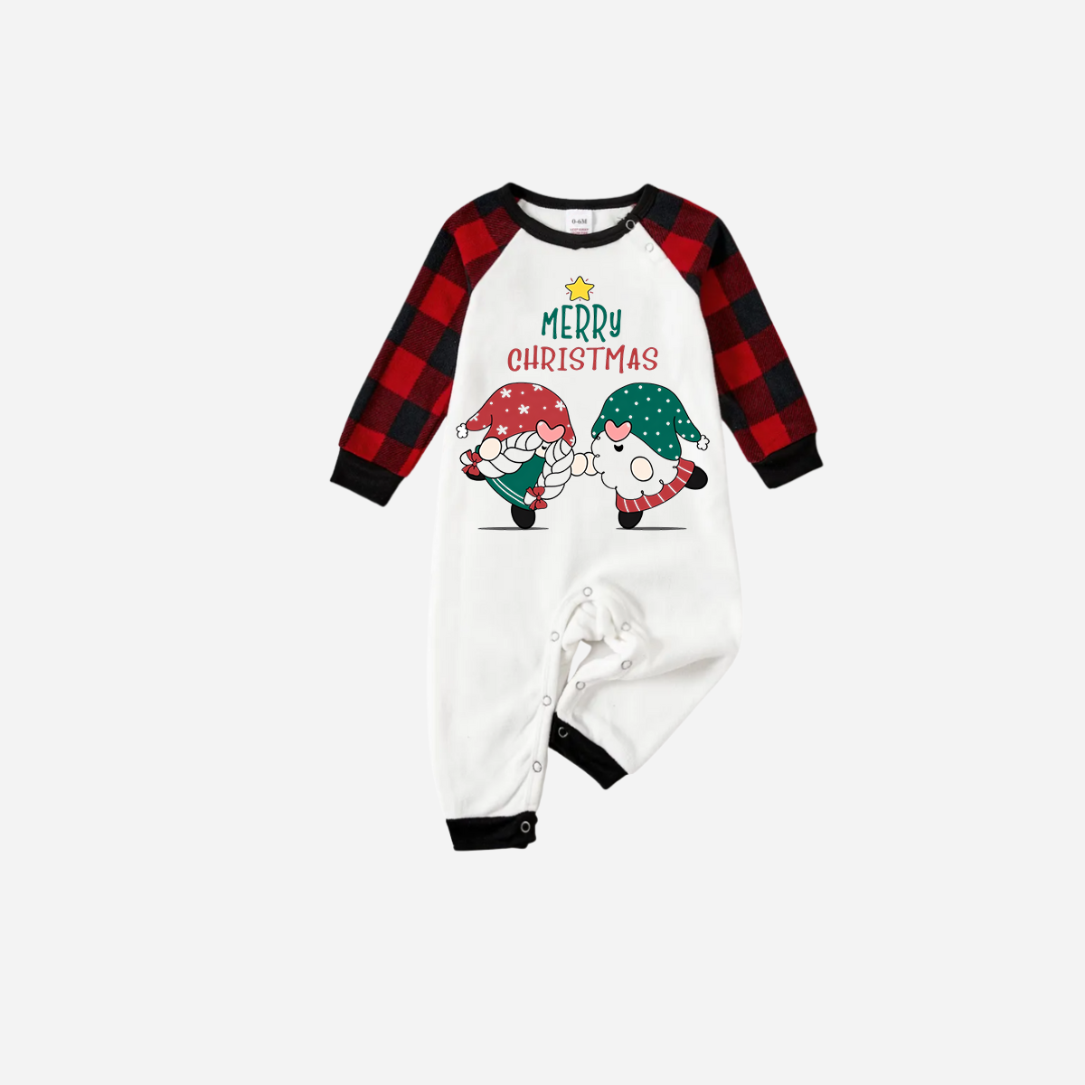 Red and Black Plaid Christmas Pajamas Set With Gnome and Merry Christmas Text Print
