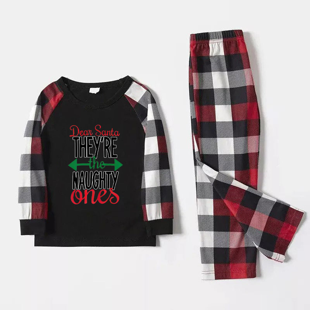 'Dear Santa They Are The Naughty One' Letter Print Casual Long Sleeve Sweatshirts Contrast Tops and Red & Black & White Plaid Pants Family Matching Pajamas Set With Dog Bandana