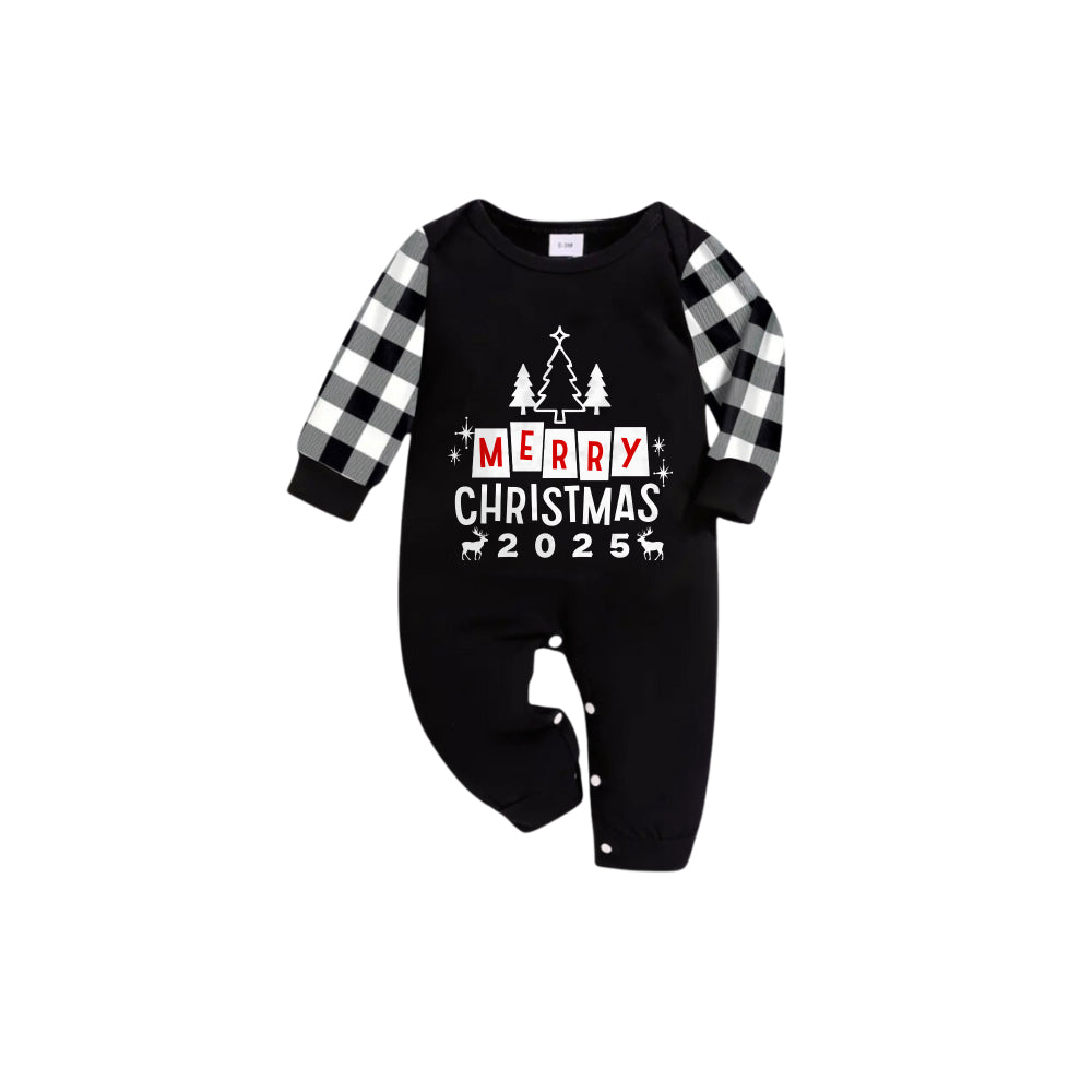 Black and White Plaid Short Sleeve Christmas Family Pajamas Set With "Merry Christmas 2025" and Christmas Tree Print