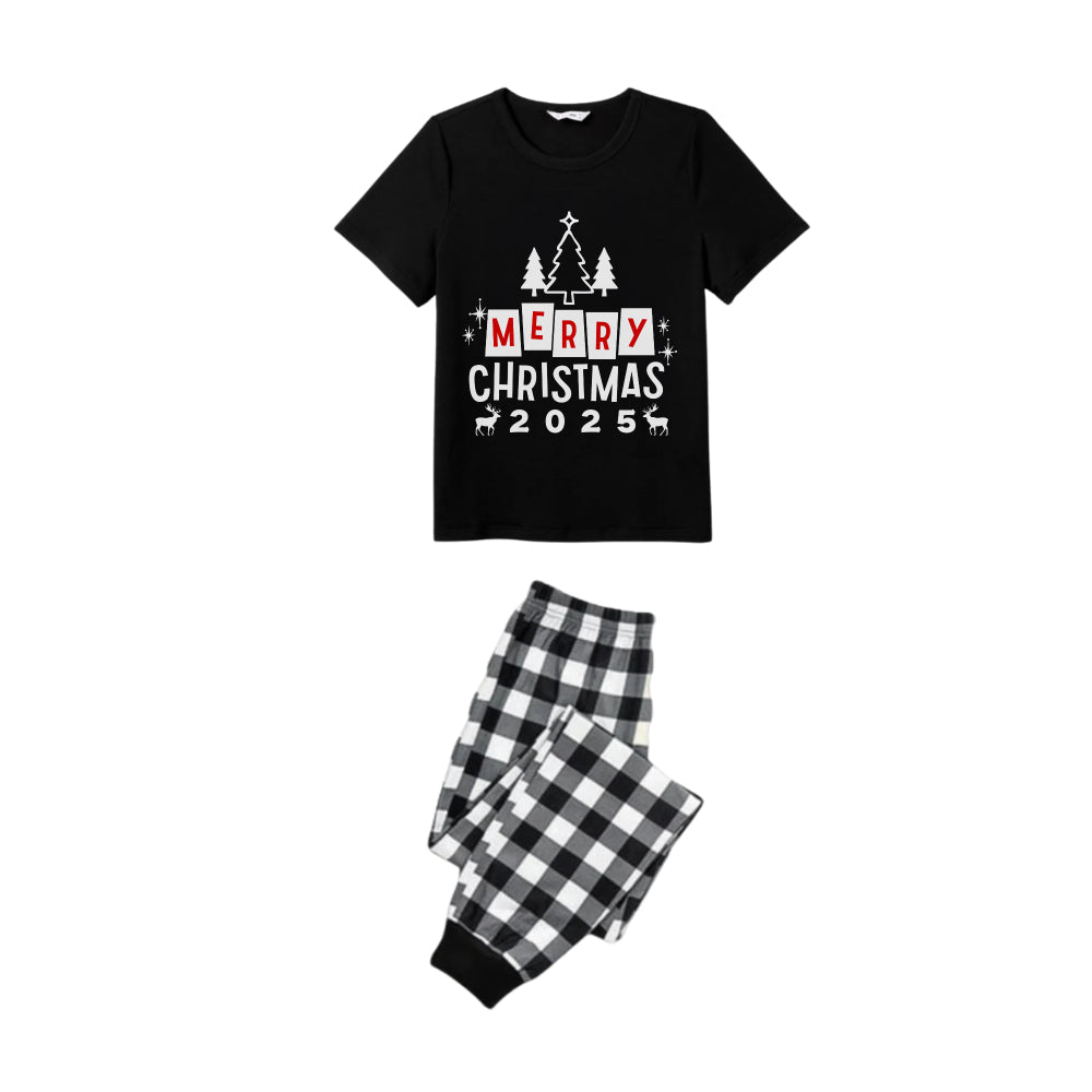Black and White Plaid Short Sleeve Christmas Family Pajamas Set With "Merry Christmas 2025" and Christmas Tree Print