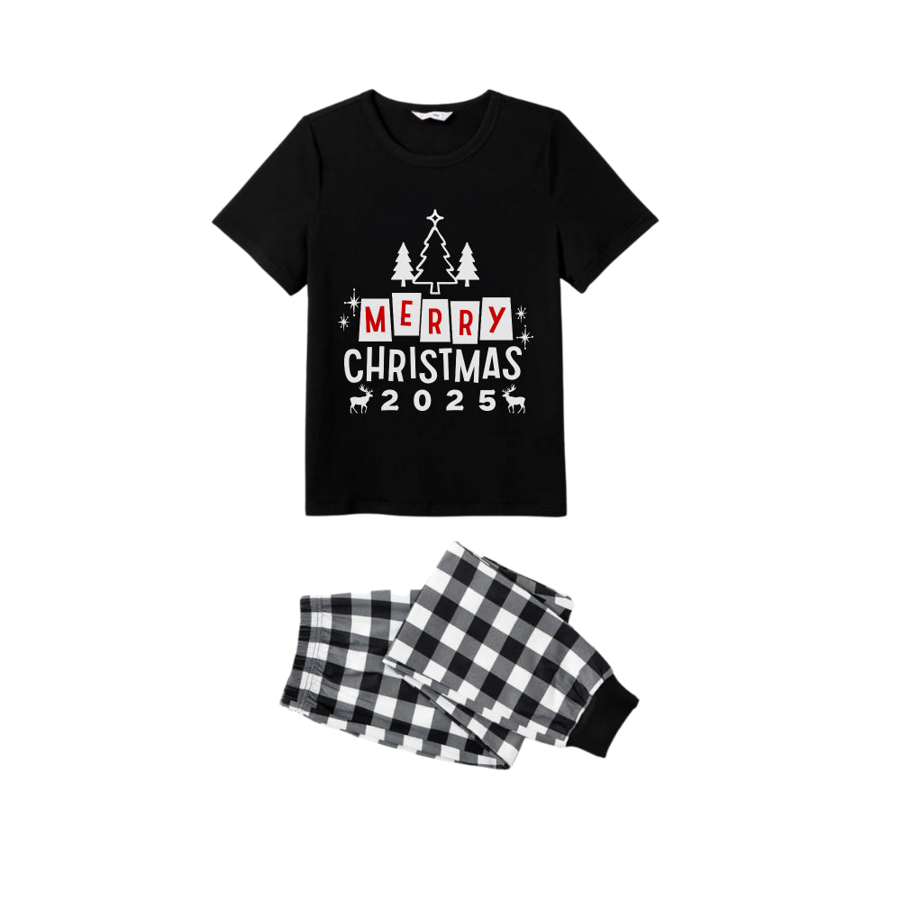 Black and White Plaid Short Sleeve Christmas Family Pajamas Set With "Merry Christmas 2025" and Christmas Tree Print