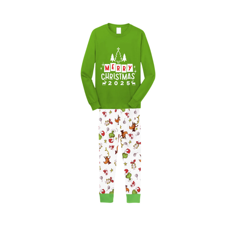 Christmas Family Matching Pajamas-Green Top and Grinch Pants Pjs Set with "Merry Christmas 2025" Print