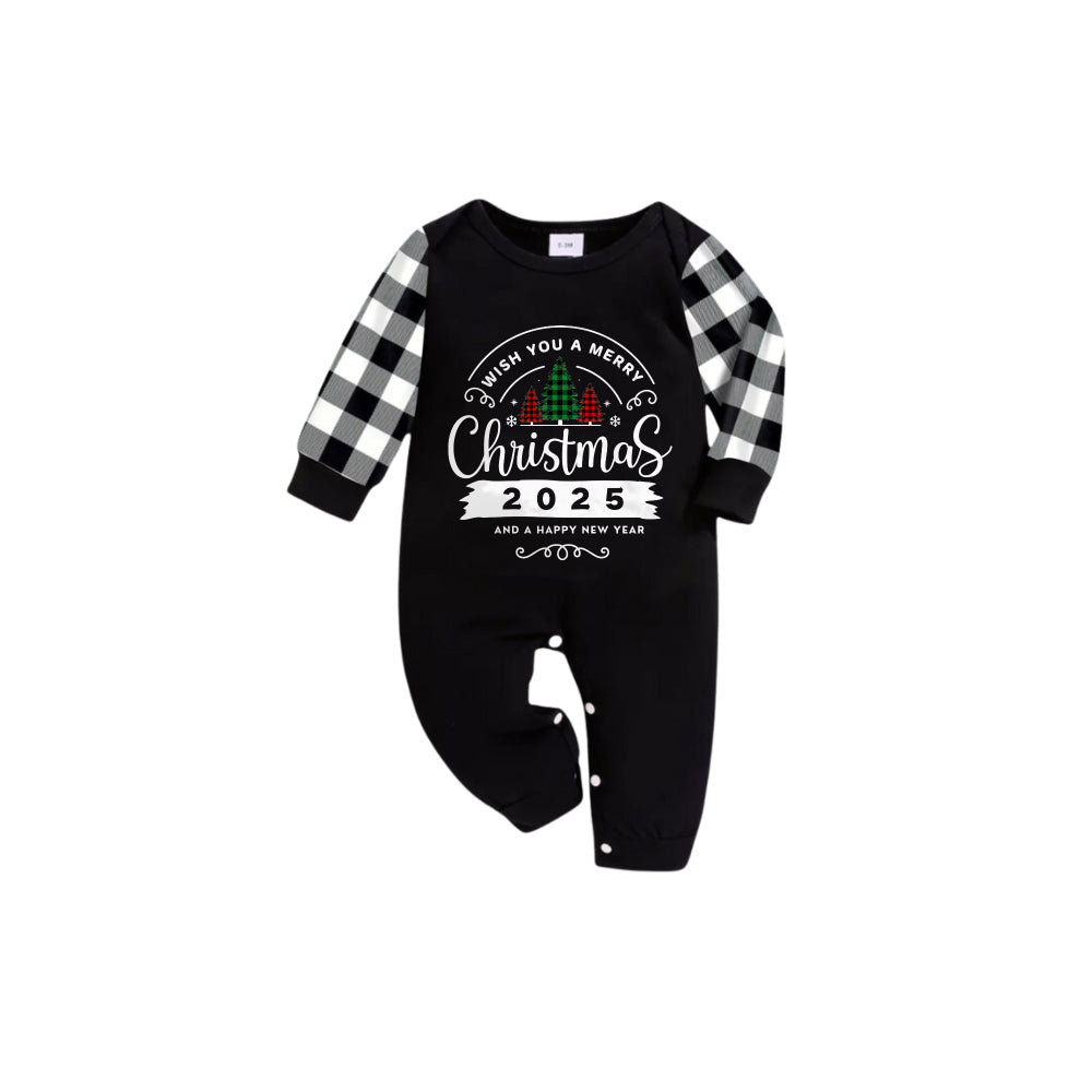 Black and White Plaid Short Sleeve Christmas Family Pajamas Set With "Wish You A Merry Christmas 2025 and Happy New Year" Print