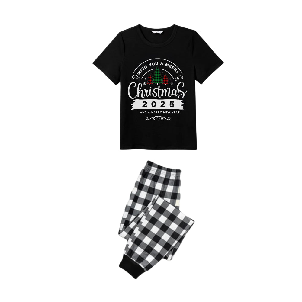 Black and White Plaid Short Sleeve Christmas Family Pajamas Set With "Wish You A Merry Christmas 2025 and Happy New Year" Print