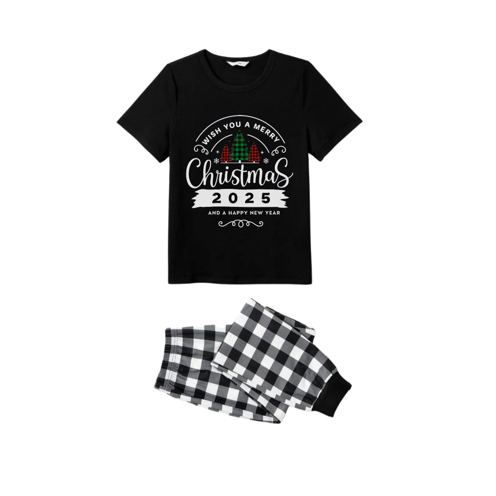Black and White Plaid Short Sleeve Christmas Family Pajamas Set With "Wish You A Merry Christmas 2025 and Happy New Year" Print
