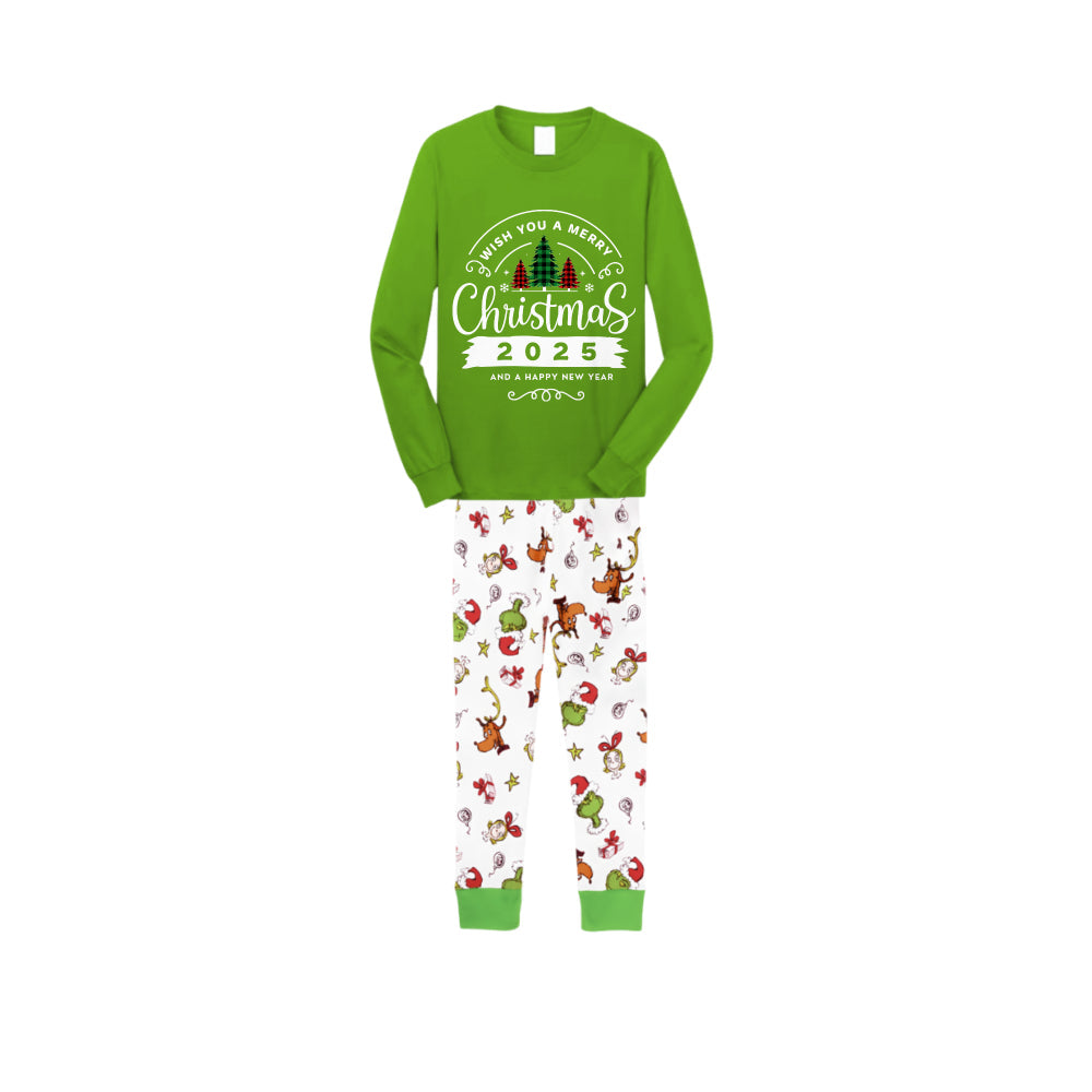 Christmas Family Matching Pajamas-Green Top and Grinch Pants Pjs Set with "Wish You A Merry Christmas 2025" Print
