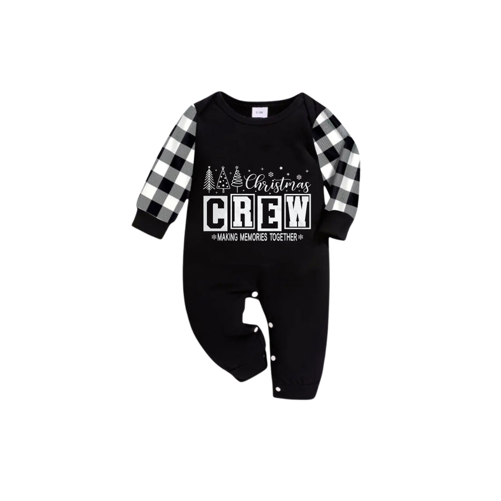 Black and White Plaid Short Sleeve Christmas Family Pajamas Set With "Christmas Crew Making Memories Together" Print