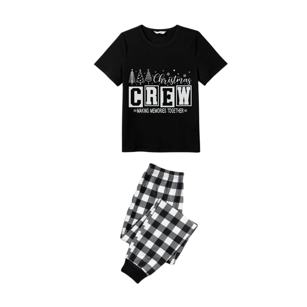 Black and White Plaid Short Sleeve Christmas Family Pajamas Set With "Christmas Crew Making Memories Together" Print