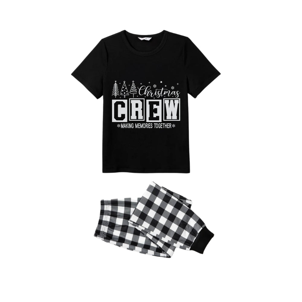 Black and White Plaid Short Sleeve Christmas Family Pajamas Set With "Christmas Crew Making Memories Together" Print