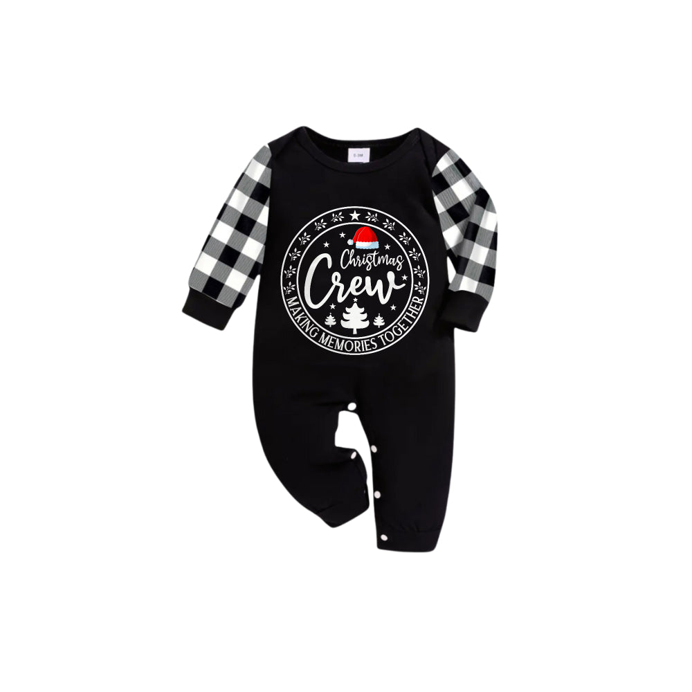 Black and White Plaid Short Sleeve Christmas Family Pajamas Set With Santa Hat and "Christmas Crew Making Memories Together" Print