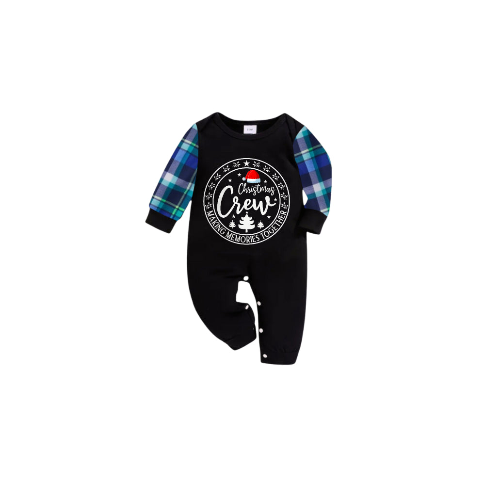 Blue and Green Plaid Christmas Pajamas Set With Santa Hat and "Christmas Crew" Print
