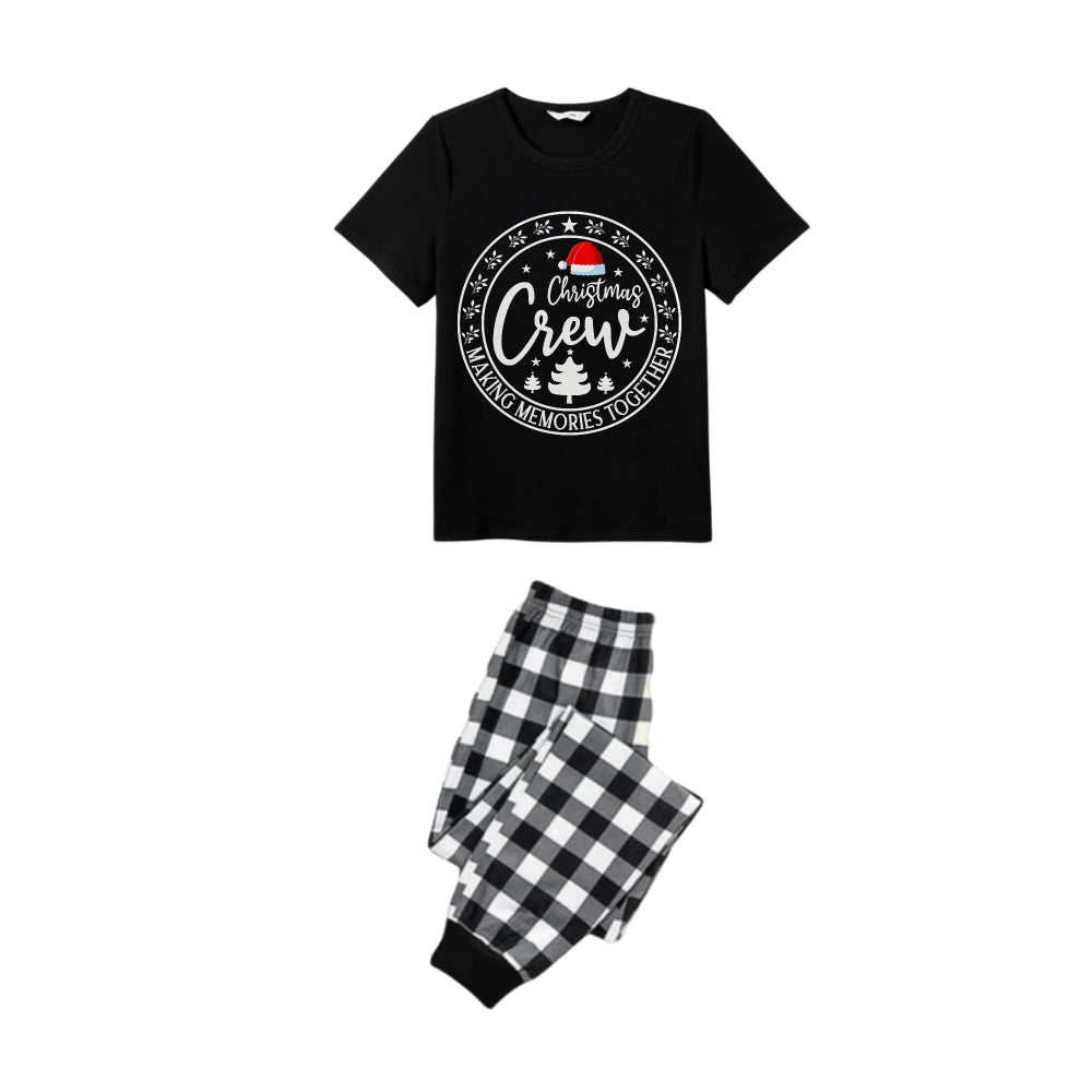 Black and White Plaid Short Sleeve Christmas Family Pajamas Set With Santa Hat and "Christmas Crew Making Memories Together" Print