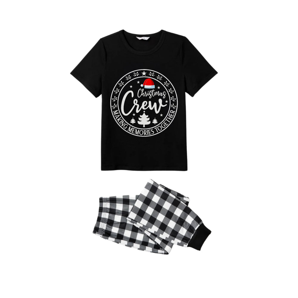 Black and White Plaid Short Sleeve Christmas Family Pajamas Set With Santa Hat and "Christmas Crew Making Memories Together" Print