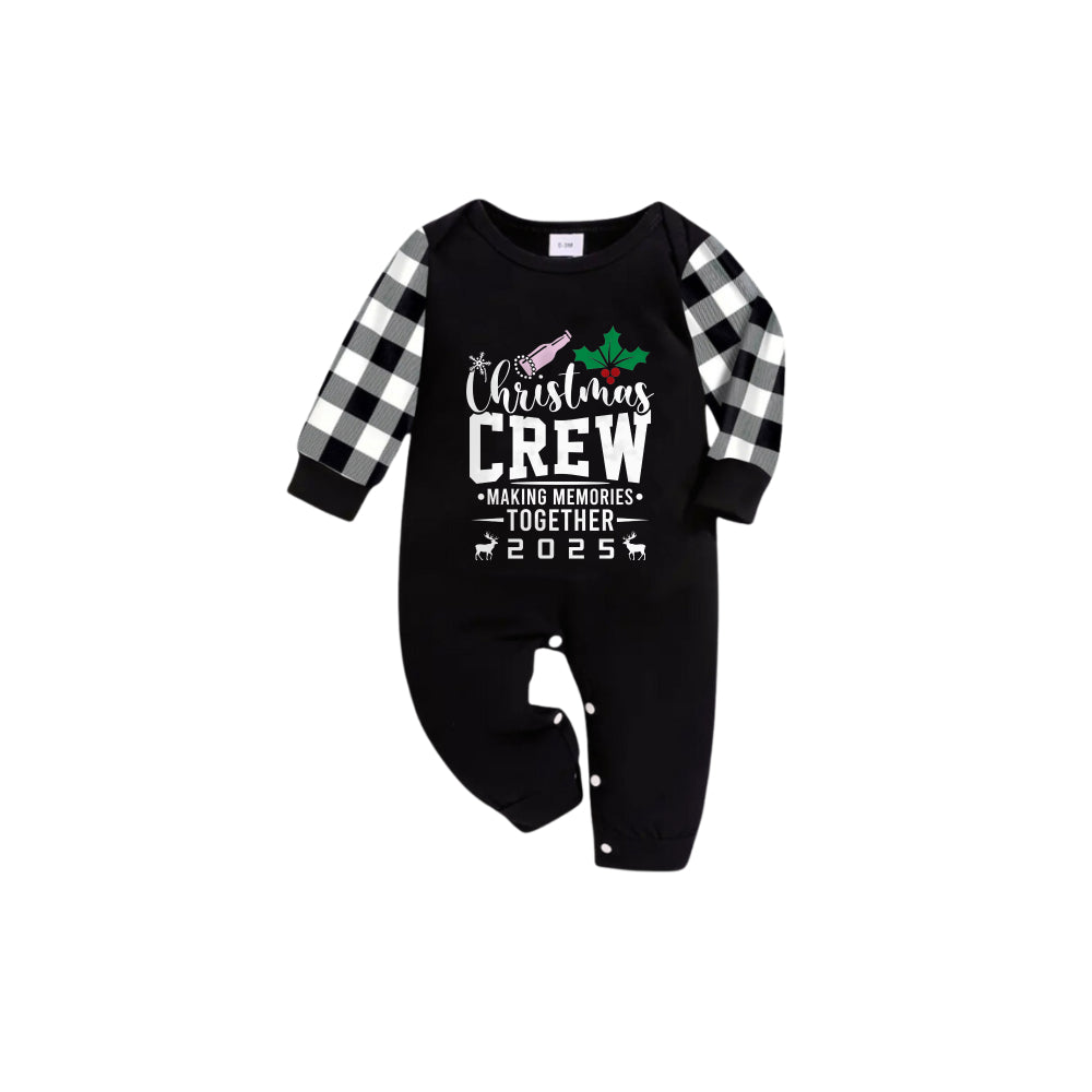Black and White Plaid Short Sleeve Christmas Family Pajamas Set With "Christmas Crew Making Memories Together 2025" Print