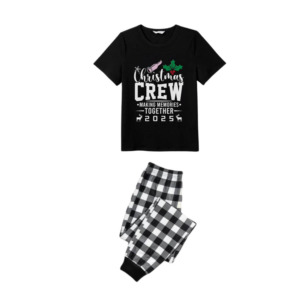 Black and White Plaid Short Sleeve Christmas Family Pajamas Set With "Christmas Crew Making Memories Together 2025" Print
