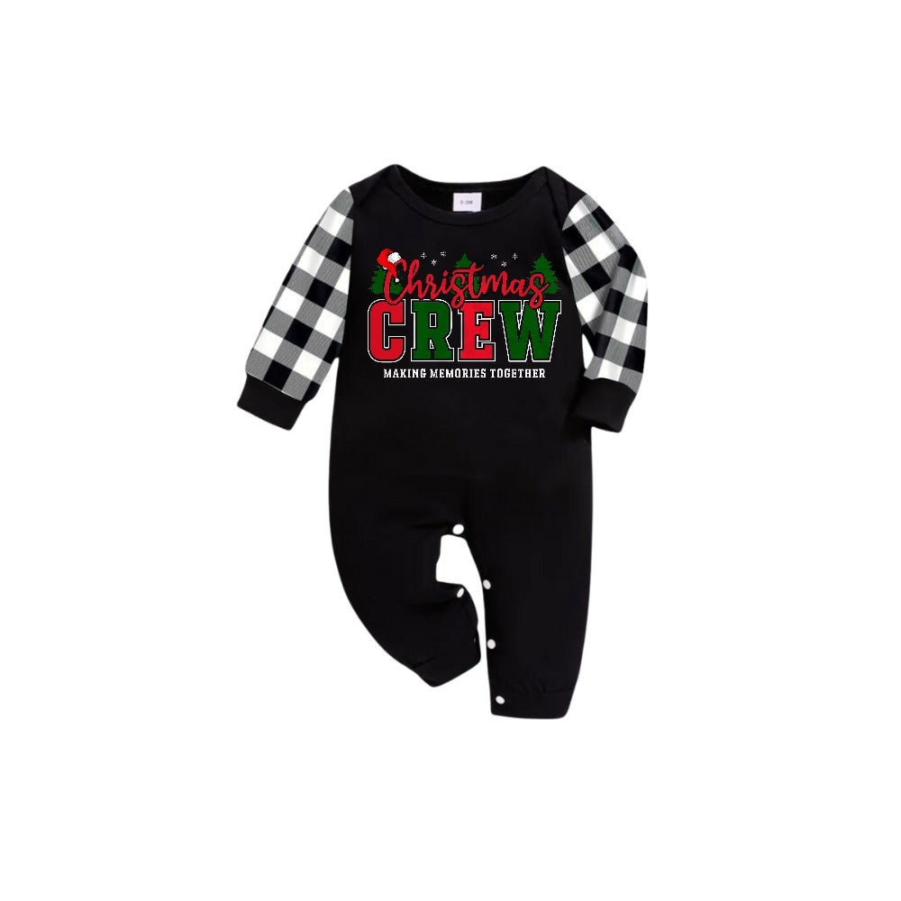 Black and White Plaid Short Sleeve Christmas Family Pajamas Set With Colorful "Christmas Crew Making Memories Together" Print