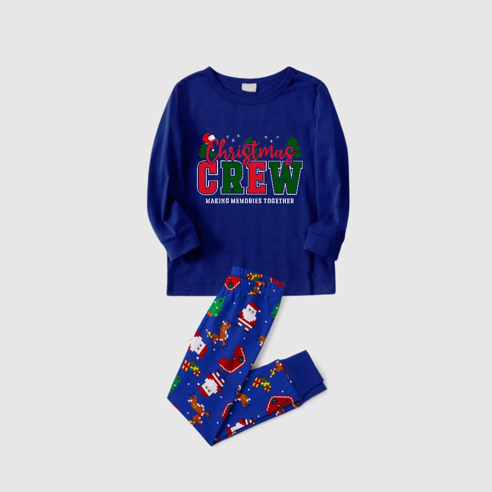 Christmas Family Matching Pajamas-Cozy Blue Pjs Set with "Christmas Crew Making Memories Together" Slogan Print