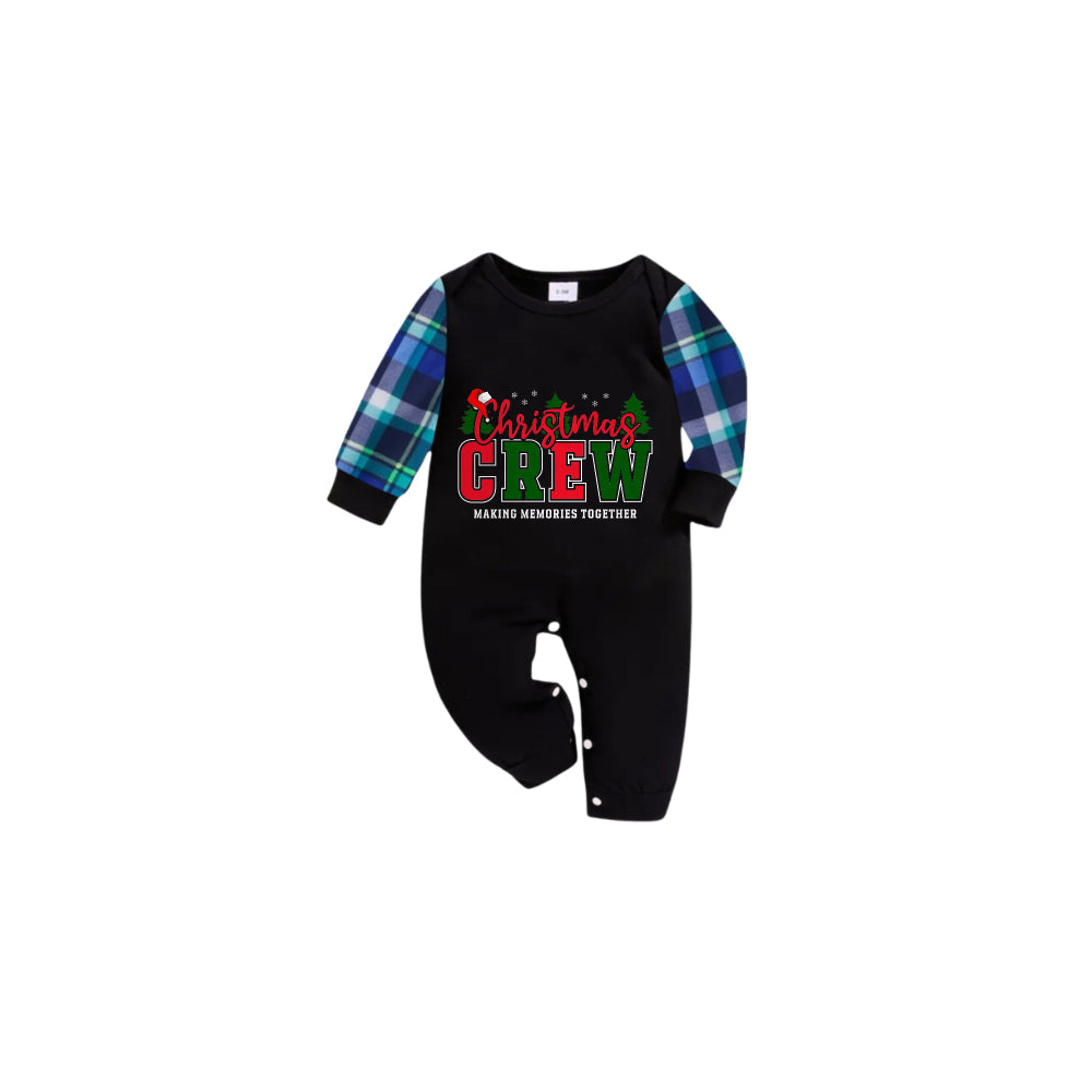 Blue and Green Plaid Christmas Pajamas Set With "Christmas CREW" Red and Green Text Print
