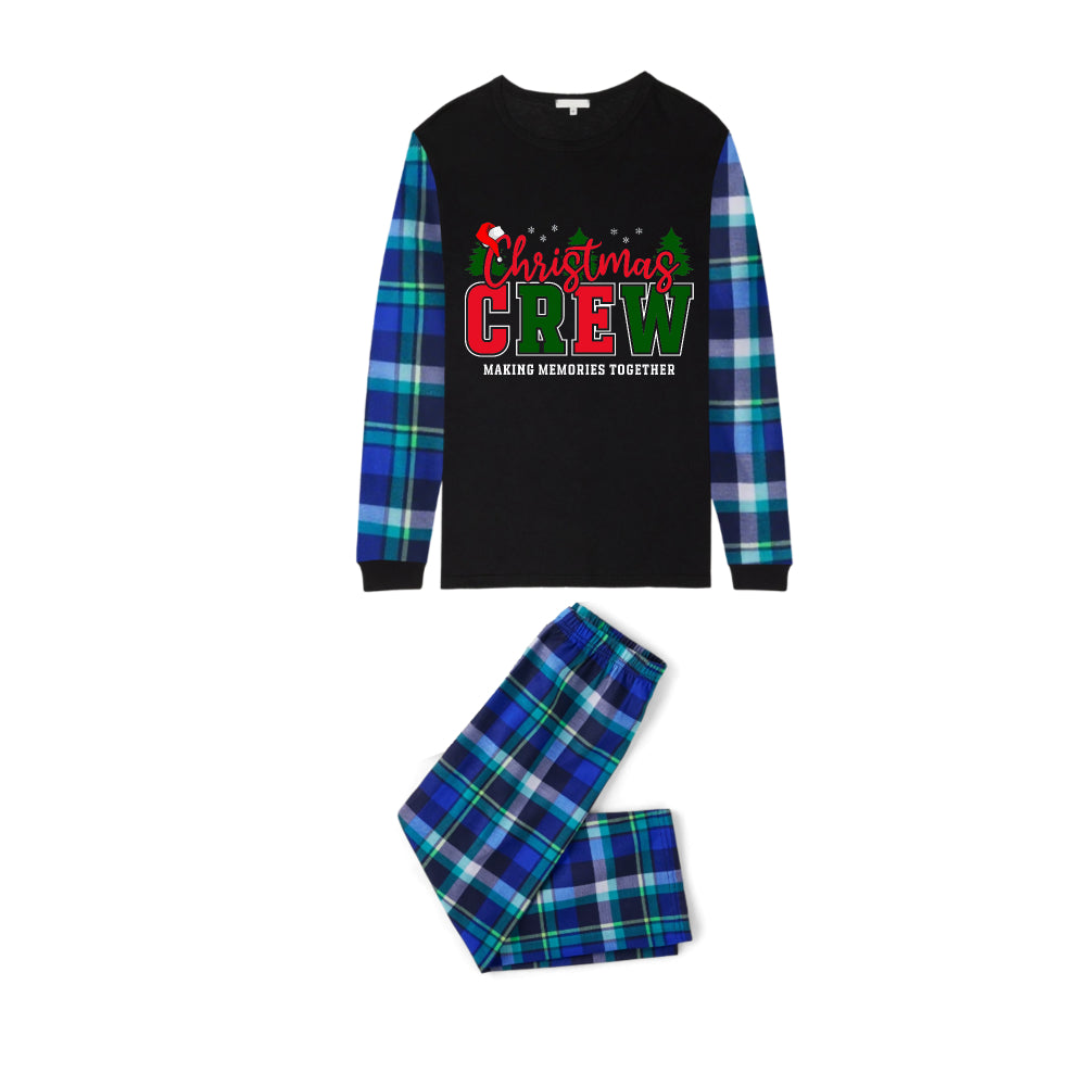 Blue and Green Plaid Christmas Pajamas Set With "Christmas CREW" Red and Green Text Print