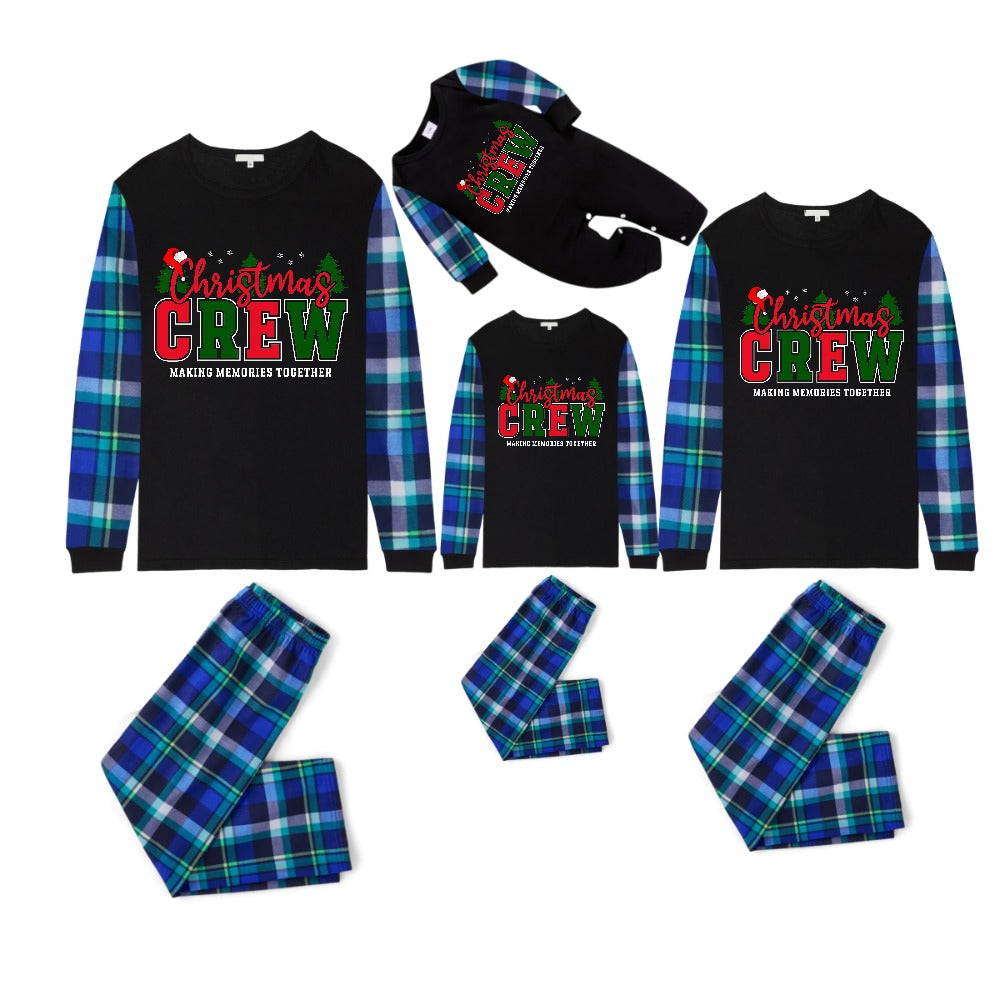 Blue and Green Plaid Christmas Pajamas Set With "Christmas CREW" Red and Green Text Print