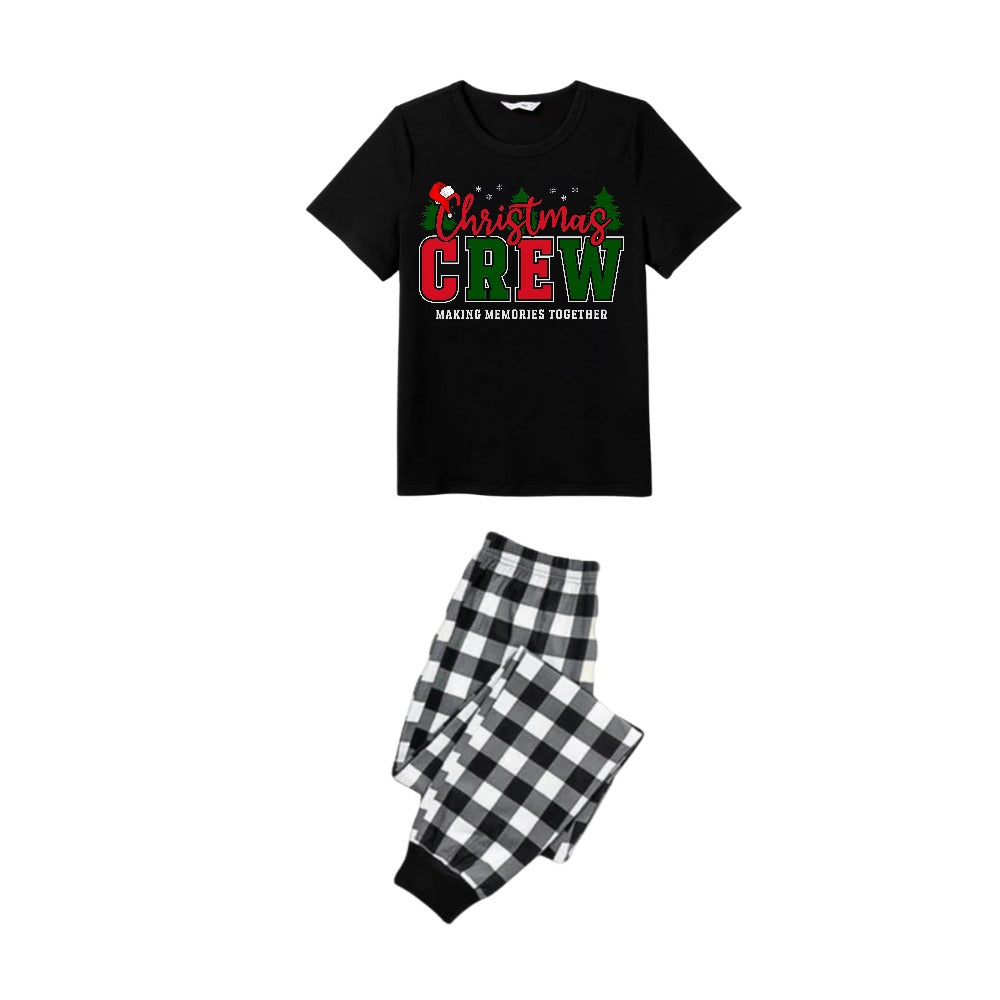 Black and White Plaid Short Sleeve Christmas Family Pajamas Set With Colorful "Christmas Crew Making Memories Together" Print