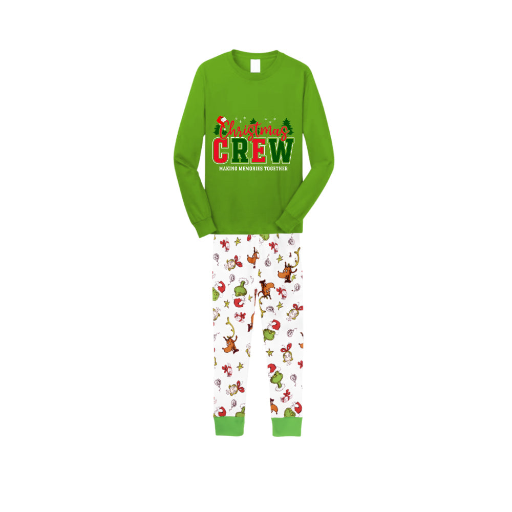 Christmas Family Matching Pajamas-Green Top and Grinch Pants Pjs Set with "Christmas Crew Making Memories Together" Slogan Print