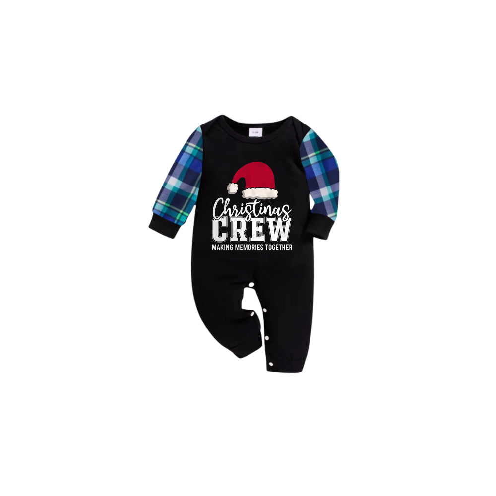 Blue and Green Plaid Christmas Pajamas Set With Santa Hat and "Christmas CREW" Print