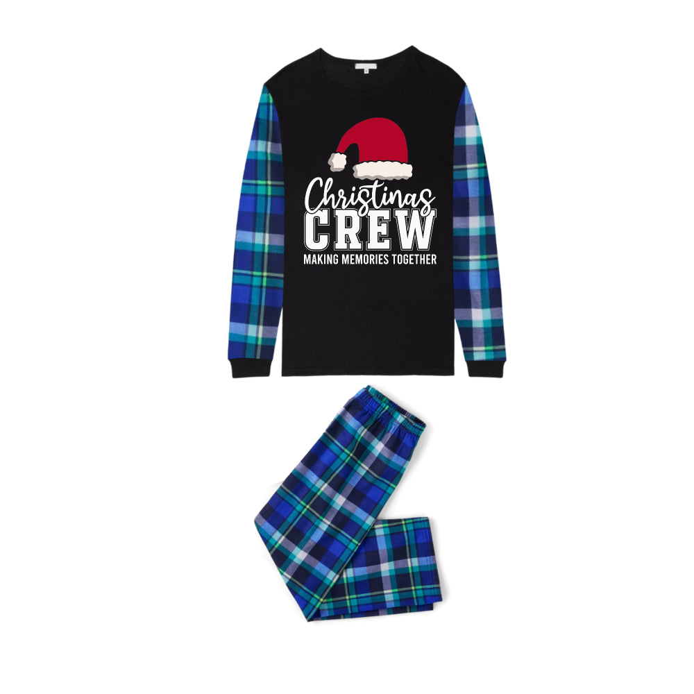 Blue and Green Plaid Christmas Pajamas Set With Santa Hat and "Christmas CREW" Print