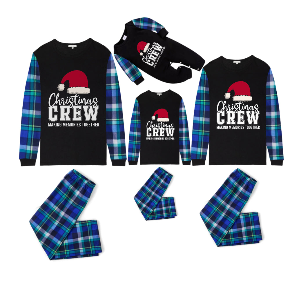 Blue and Green Plaid Christmas Pajamas Set With Santa Hat and "Christmas CREW" Print