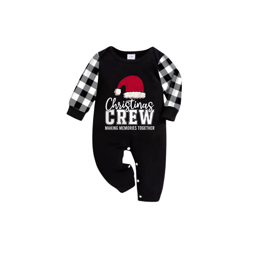 Black and White Plaid Short Sleeve Christmas Family Pajamas Set With Santa Hat and Text Print
