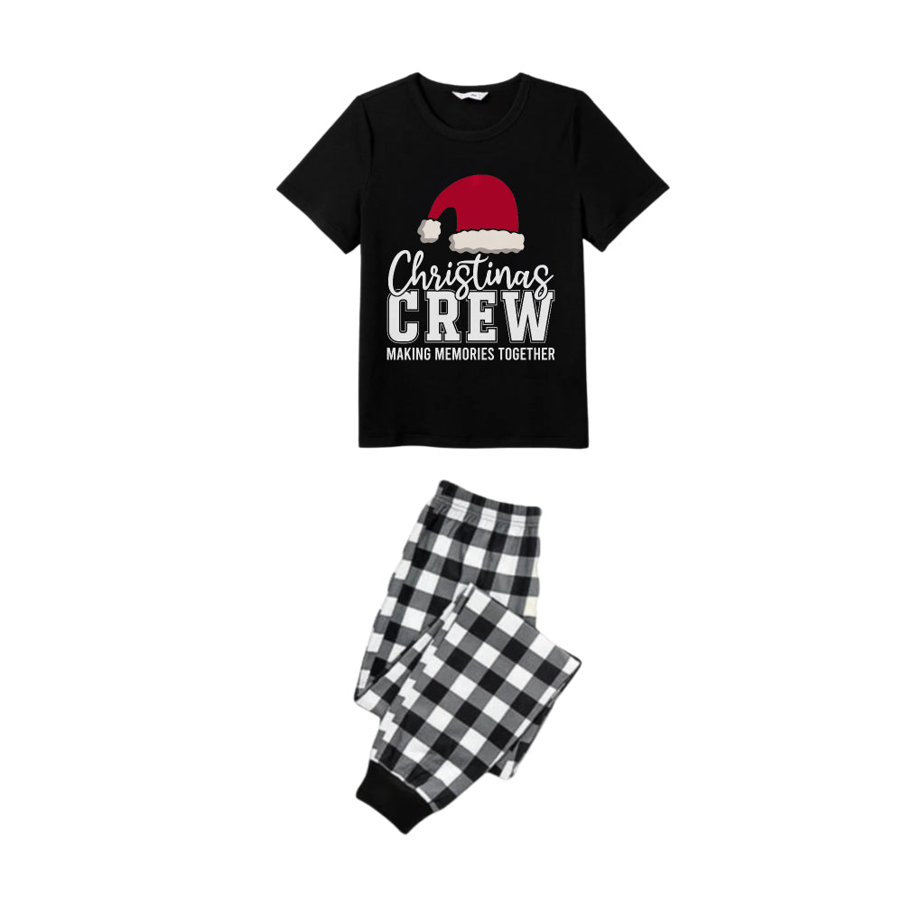 Black and White Plaid Short Sleeve Christmas Family Pajamas Set With Santa Hat and Text Print