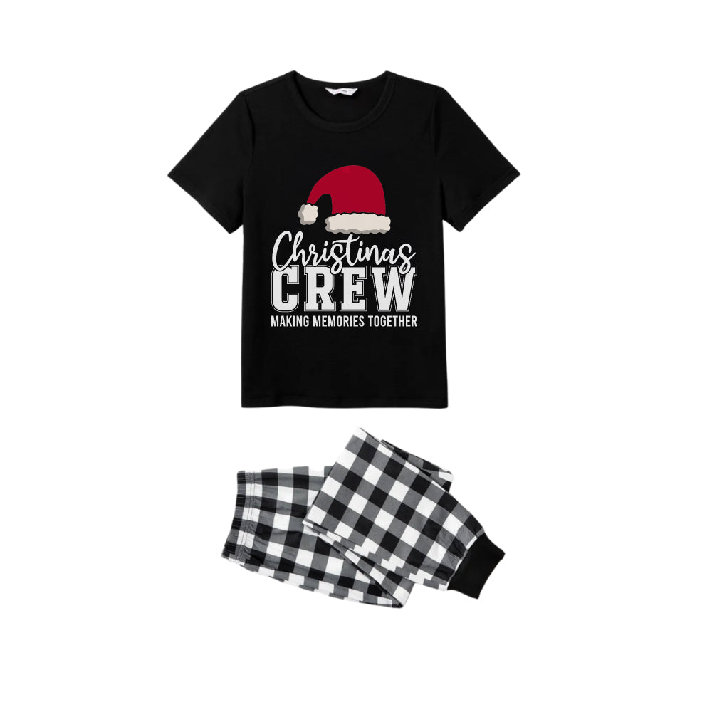 Black and White Plaid Short Sleeve Christmas Family Pajamas Set With Santa Hat and Text Print