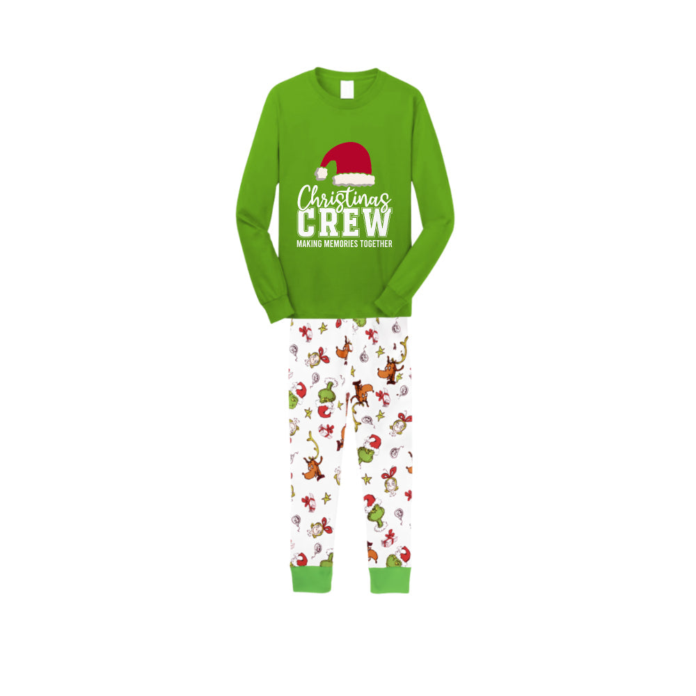 Christmas Family Matching Pajamas-Green Top and Grinch Pants Pjs Set with "Christmas Crew Making Memories Together" and Santa Hat Pattern Print