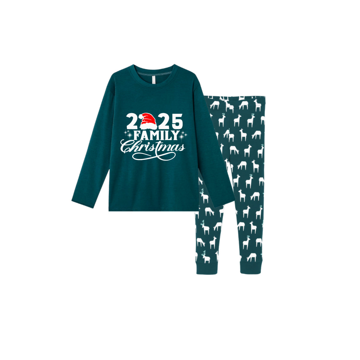Christmas Family Matching Pajamas-Dark Green&Deer Patterned Pjs Set with "Family Christmas 2025" Artistic Font Print