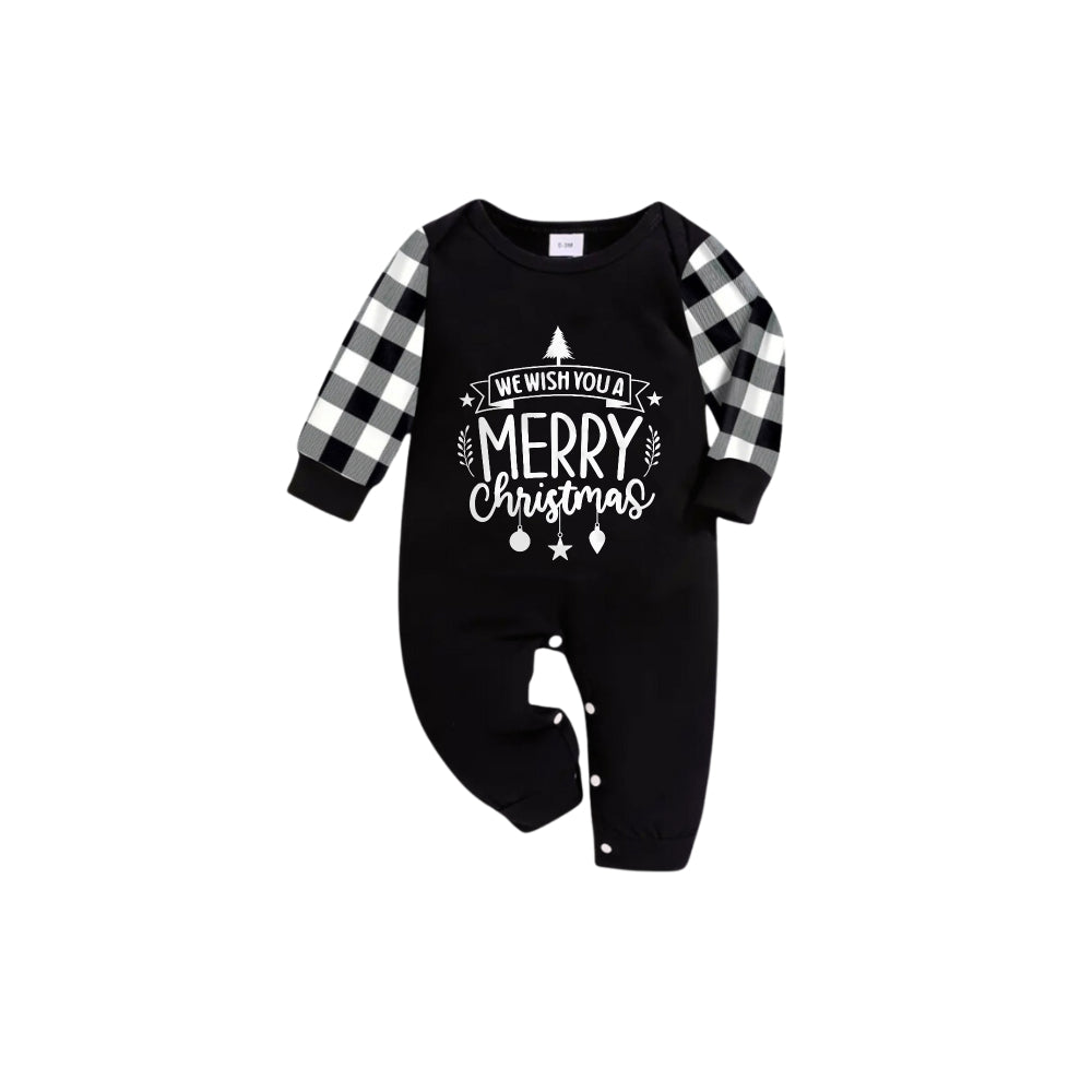 Black and White Plaid Short Sleeve Christmas Family Pajamas Set With Christmas Text Print