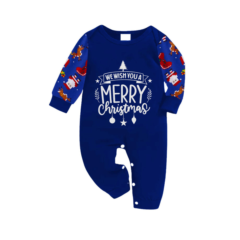 Christmas Family Matching Pajamas-Cozy Blue Pjs Set with "Wish You A Merry Christmas" Slogan Print