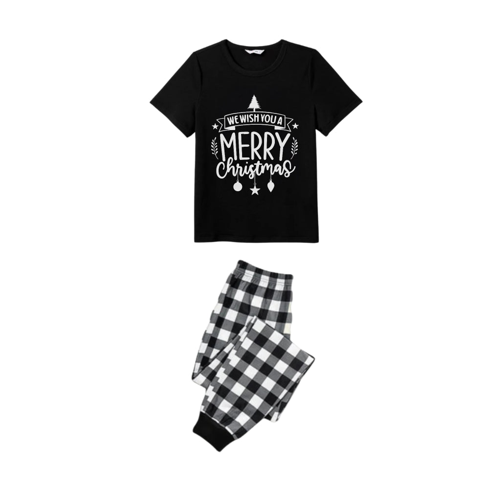 Black and White Plaid Short Sleeve Christmas Family Pajamas Set With Christmas Text Print