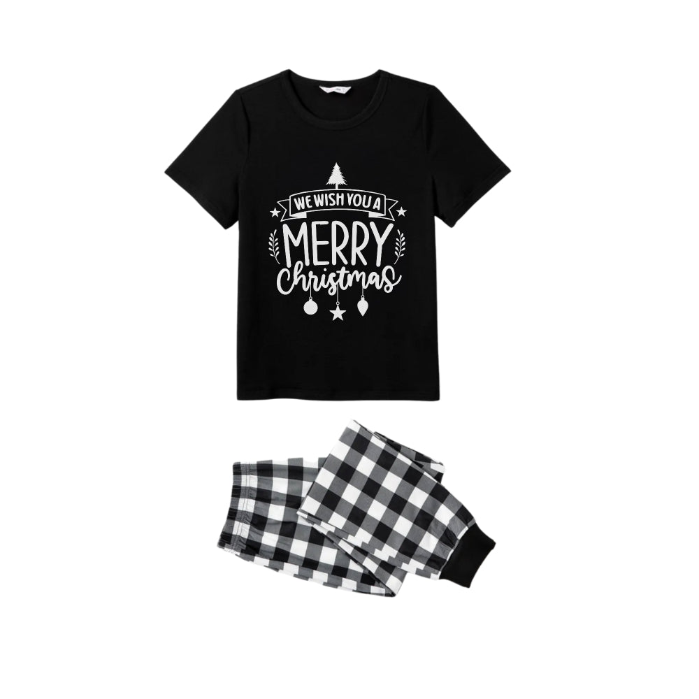Black and White Plaid Short Sleeve Christmas Family Pajamas Set With Christmas Text Print