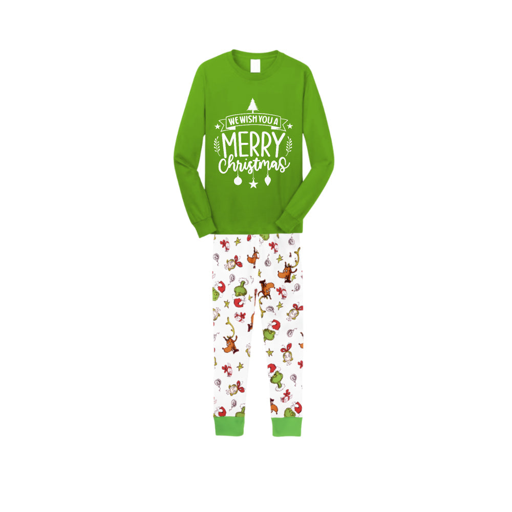 Christmas Family Matching Pajamas-Green Top and Grinch Pants Pjs Set with "We Wish You A Merry Christmas" Print