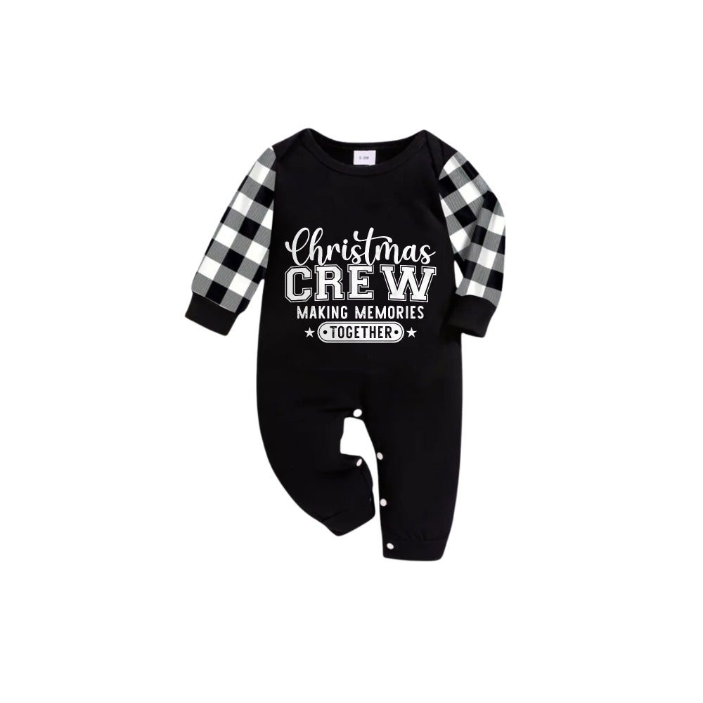 Black and White Plaid Short Sleeve Christmas Pajamas Set With Text Print