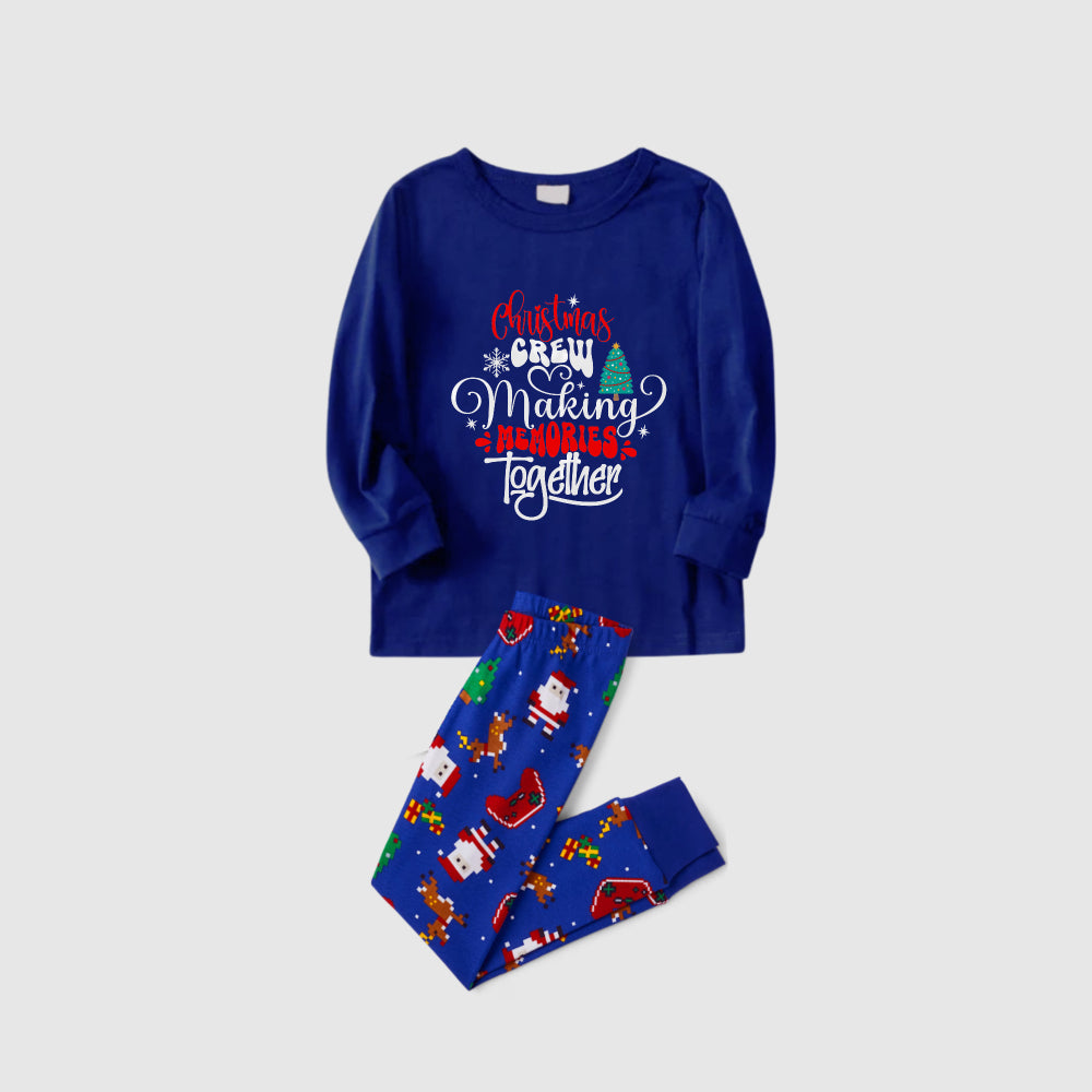 Christmas Family Matching Pajamas-Cozy Blue Pjs Set with "Christmas Crew Making Memories Together" and Christmas Tree Pattern Print