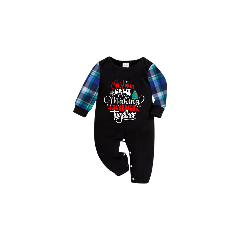 Blue and Green Plaid Christmas Pajamas Set With "Christmas CREW Making MEMORIES Together" Playful Text Print