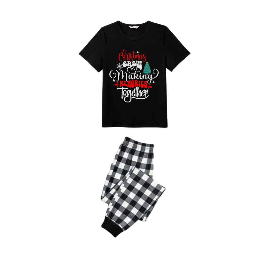 Black and White Plaid Short Sleeve Christmas Pajamas Set With Cute Text Print